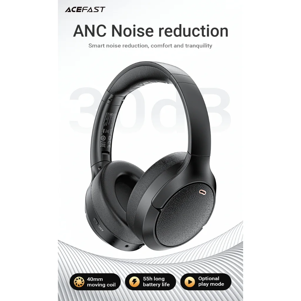 Acefast H6 หูฟังครอบหูไร้สาย ANC Bluetooth 5.3 เสียง HiFi 40mm ตัดเสียงรบกวน 30dB แบตอึด 55 ชม. พับเก็บได้
