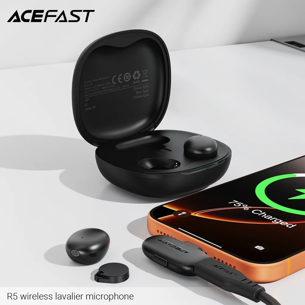 ACEFAST R5 ไมโครโฟนไร้สาย Lavalier ไมค์คู่ AI Noise Reduction ดีเลย์ต่ำ 0.025s พร้อมเคสชาร์จ
