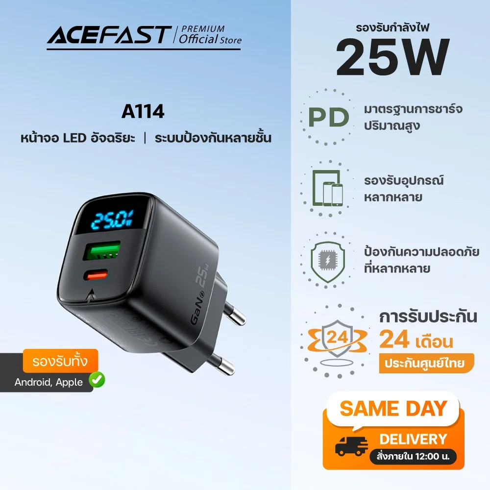 [HOT] ACEFAST ชุดหัวชาร์จพร้อมจอแสดงผล type-C /  A113 / A114 / A115 / A116 ชาร์จเร็ว Fast Charger GaN MultiProtect PD 20