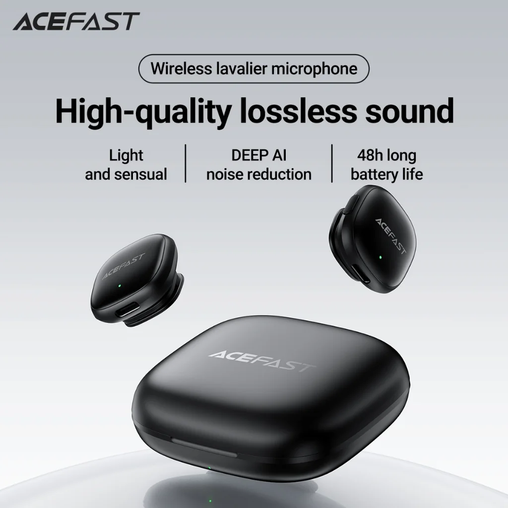 Acefast R1 ไมโครโฟนไร้สาย Lavalier ไมค์คู่ เสียงคมชัด AI Noise Reduction ระยะ 50m ดีเลย์ต่ำ 25ms สำหรับ Vlog /