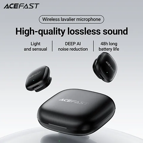 Acefast R1 ไมโครโฟนไร้สาย Lavalier ไมค์คู่ เสียงคมชัด AI Noise Reduction ระยะ 50m ดีเลย์ต่ำ 25ms สำหรับ Vlog /