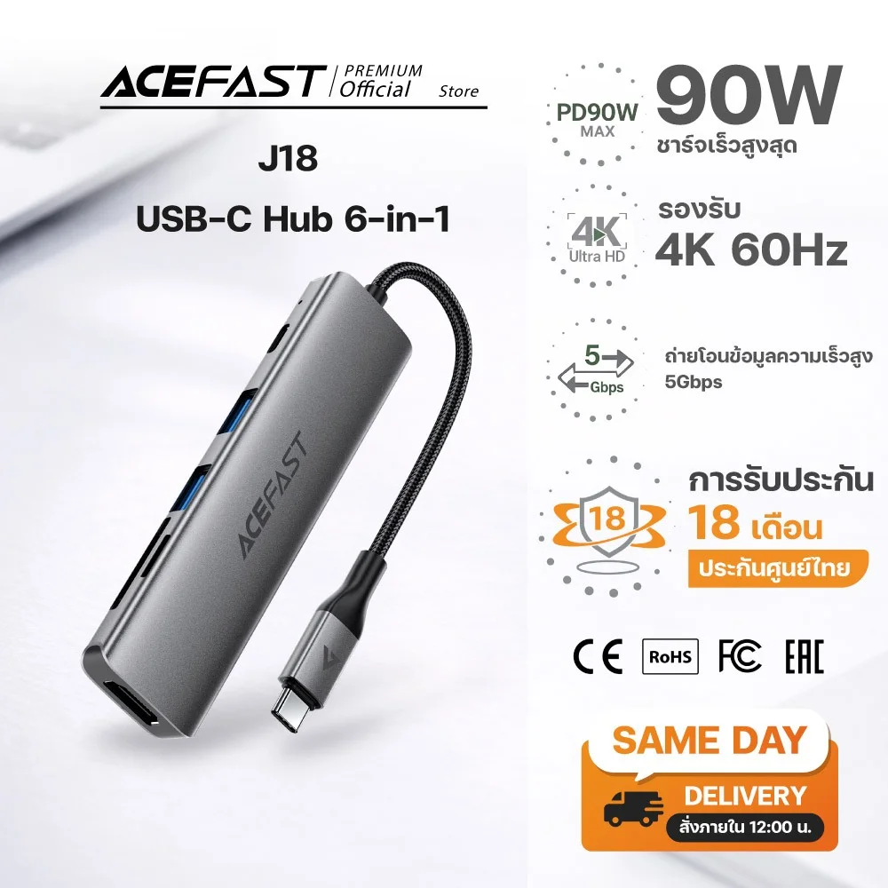 Acefast J18 USB-C ฮับ 6-in-1 HDMI 4K PD90W USB3.0 SD TF Docking Station สำหรับ MacBook / Laptop