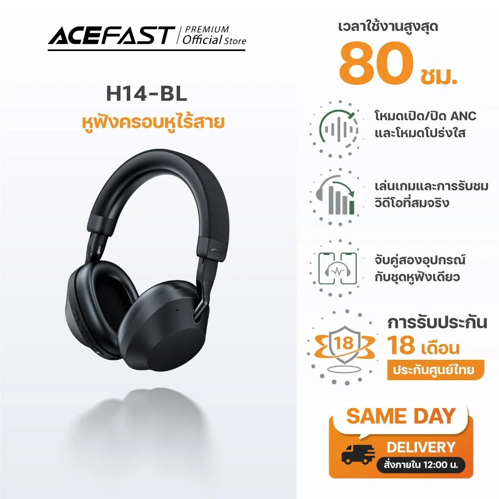 Acefast H14 หูฟังครอบหูไร้สาย ANC Hybrid Bluetooth 6.0 เสียง HiFi 360° Spatial Audio ตัดเสียงรบกวน AI ใช้งานหลายอุปกรณ์