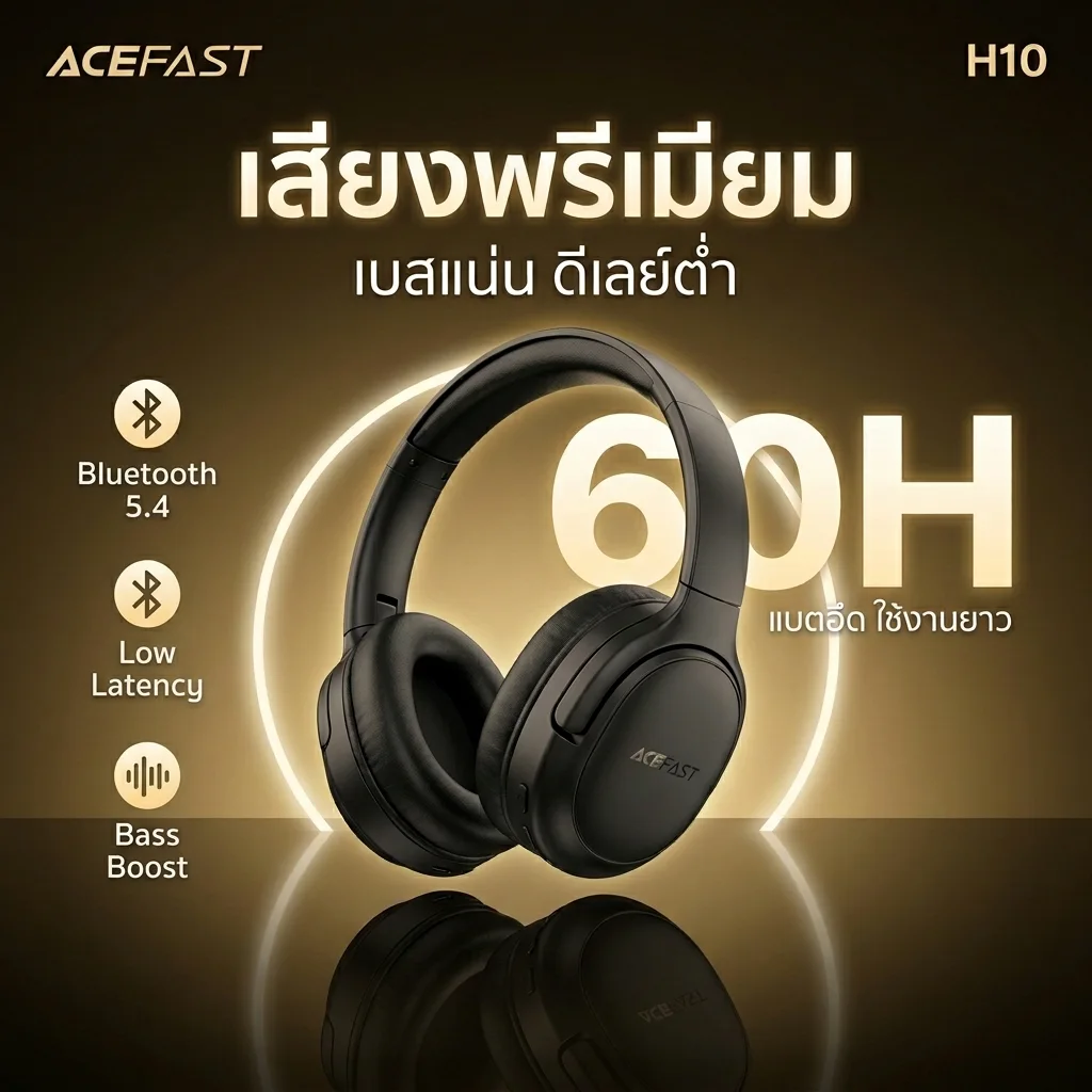 Acefast H10 หูฟังครอบหูไร้สาย Bluetooth 5.4 เสียง HiFi 40mm เบสแน่น Gaming Mode แบตอึด 60 ชม. ใส่สบาย